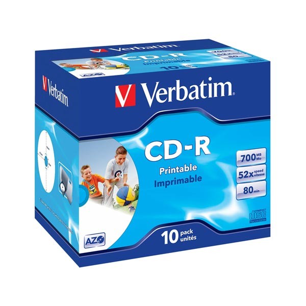 CD-R 52x FF Printable Verbatim AZO Caja Jewel 10 uds ID Branded