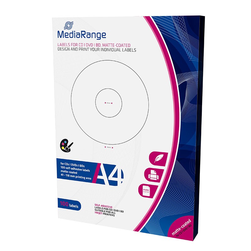 Etiquetas Mediarange para CD/DVD/Bluray 41/118mm Pack 100
